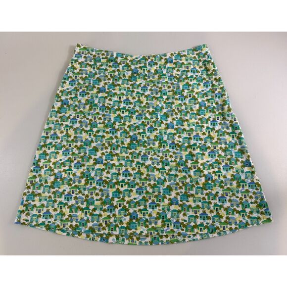 J Jill Pull On Skirt Cotton Modal Tropical Houses Palm Trees Print Women's S - Picture 1 of 11